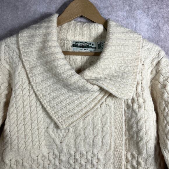 Vintage Aran Crafts Blazer Cardigan Sweater Womens XS Tan Cable Knit Merino Wool - Picture 2 of 10
